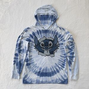 Disney Parks Stitch Pullover Hooded Long Sleeve T Shirt Tie Dye Blue Adult Small